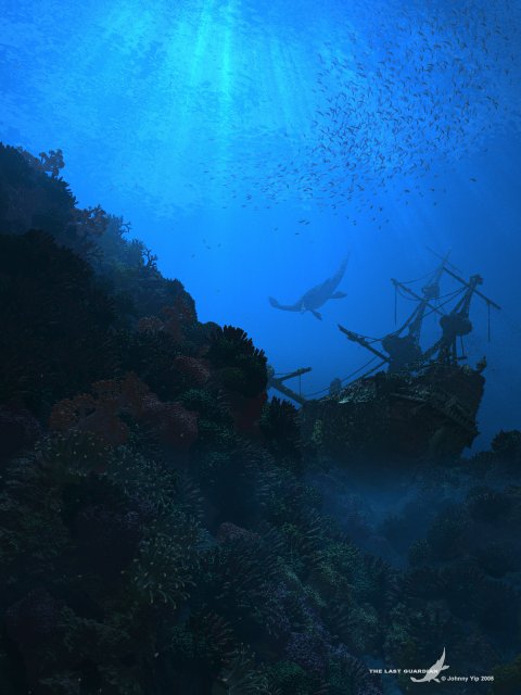 A digital illustration depicts an underwater scene with a large marine reptile swimming past a shipwreck on a coral reef. Shafts of sunlight enetrate the deep blue water, illuminating a massive school of fish above the wreckage.