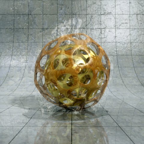 A digital rendering illustrates a metallic gold sphere with circular perforations nested inside a larger, translucent amber-colored lattice. The structure is situated on a reflective tiled surface within a curved gray grid environment and is surrounded by wisps of white vapor.