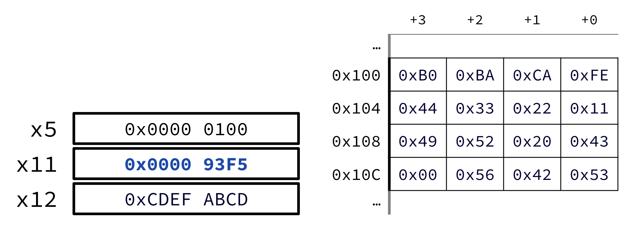After load immediate: x11 updates to 0x000093F5 while x5 and x12 are unchanged and memory still shows the original byte grid.