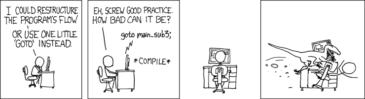 xkcd comic in four panels: a programmer chooses goto main_sub3 instead of restructuring, compiles, then a velociraptor attacks; the joke warns against careless goto use.