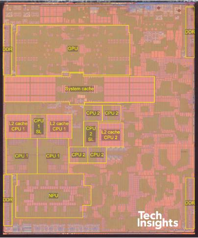 Labeled die photograph of a system-on-chip: major regions outlined for GPU, system cache, CPU clusters with L2 caches, neural engine, and DDR memory interfaces along the die edges.