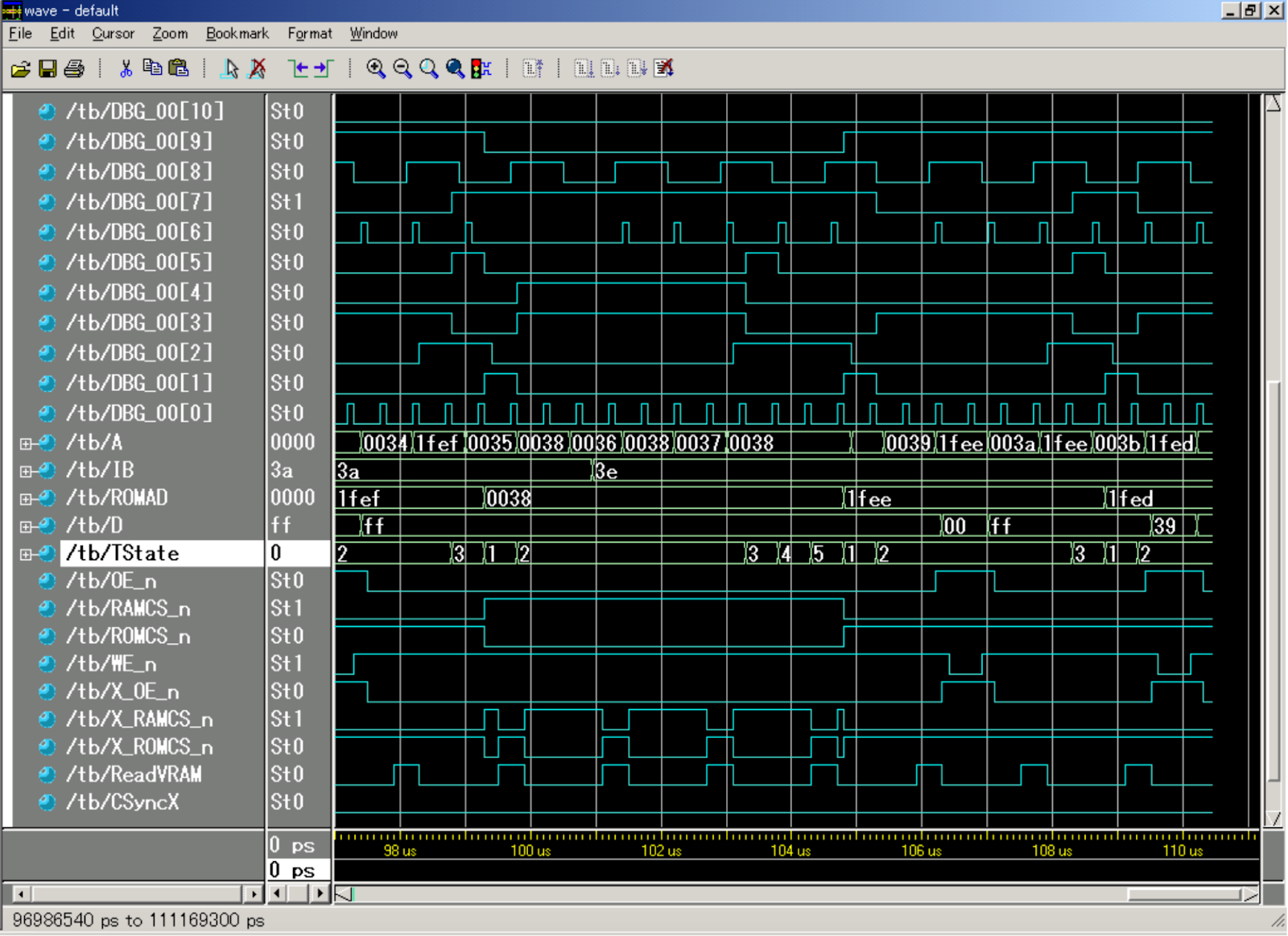 Example waveform diagram produced through a digital tool depicting timing rails for clk, d, and q showing edge-triggered sampling consistent with a Verilog or simulator trace.